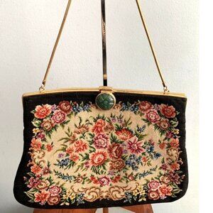 VINTAGE 1950'S FINE TAPESTRY PURSE Black Floral Green Glass Goldtone Chain Strap